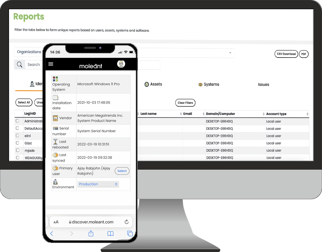 Moleant Discover on a desktop monitor and a phone. The desktop shows the Reports view with discovered user accounts, their computers and account types; the phone shows an asset's details such as operating system, vendor, serial number, last sync time, primary user and environment.